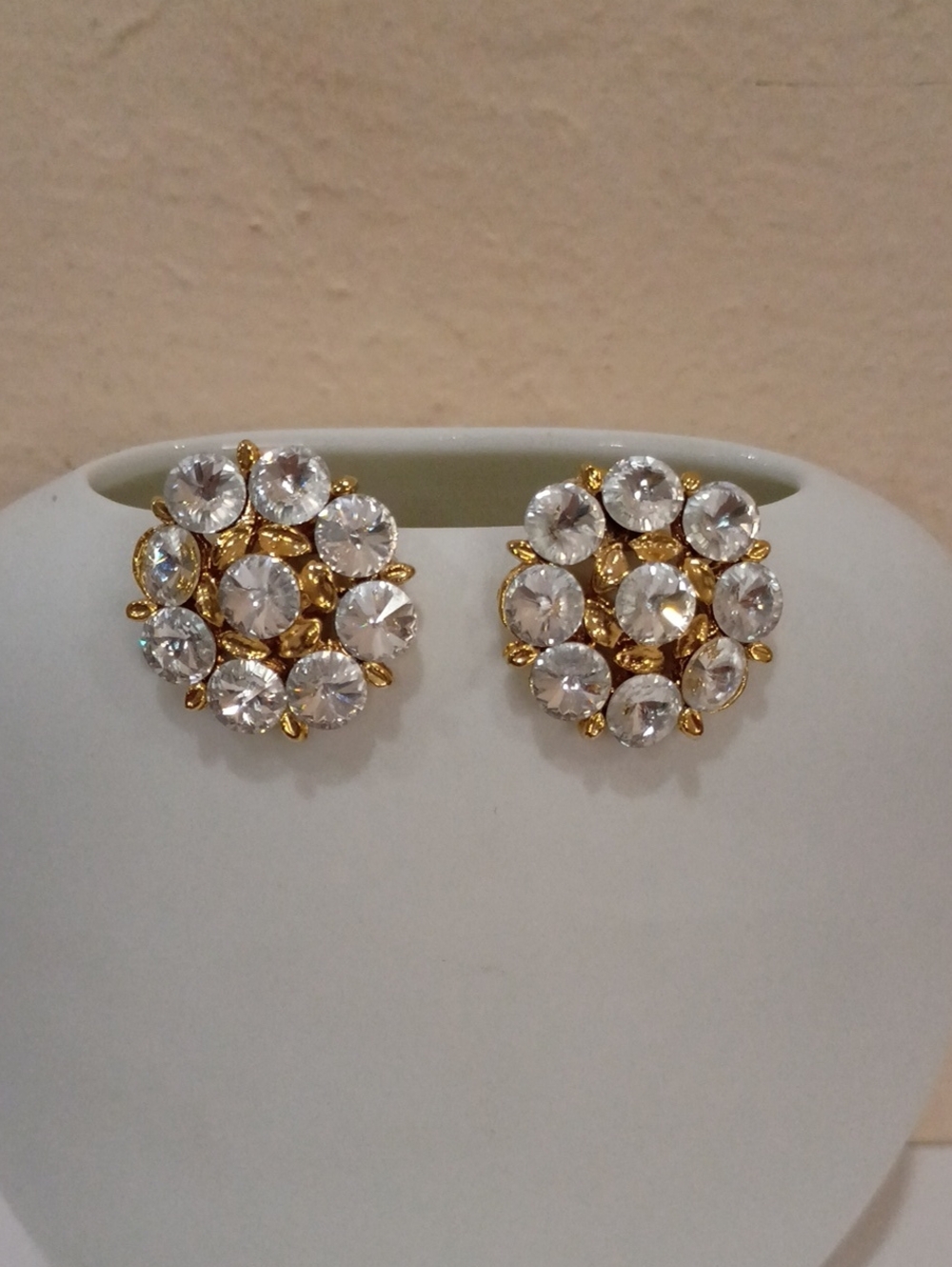 Gold Clip-on Earrings With Floral Cluster Crystals - Vintage!